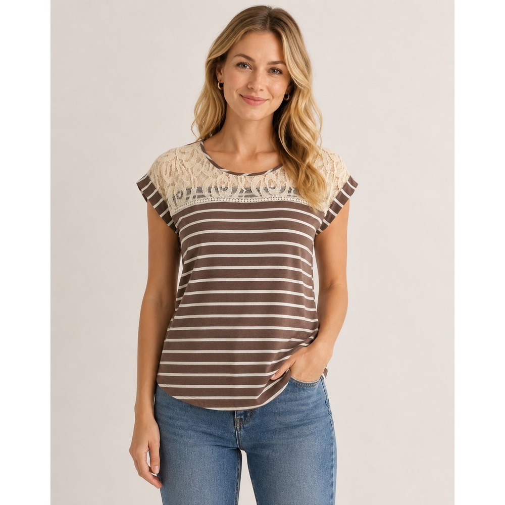 NAÏF Brown White Striped Short Sleeve Top Lace Yoke Layering Neutral Feminine